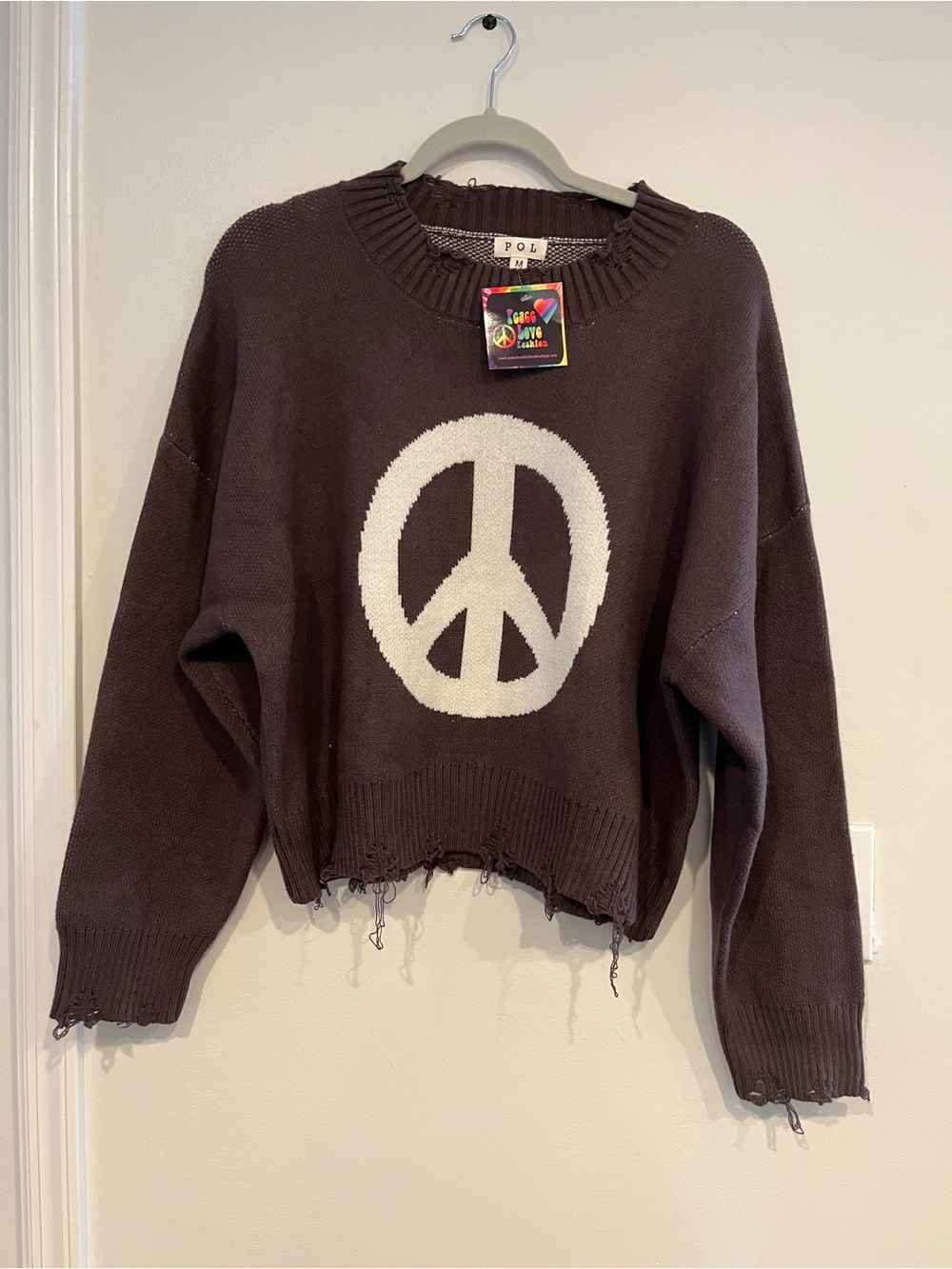 POL Brown Cropped Sweater with White Peace Sign